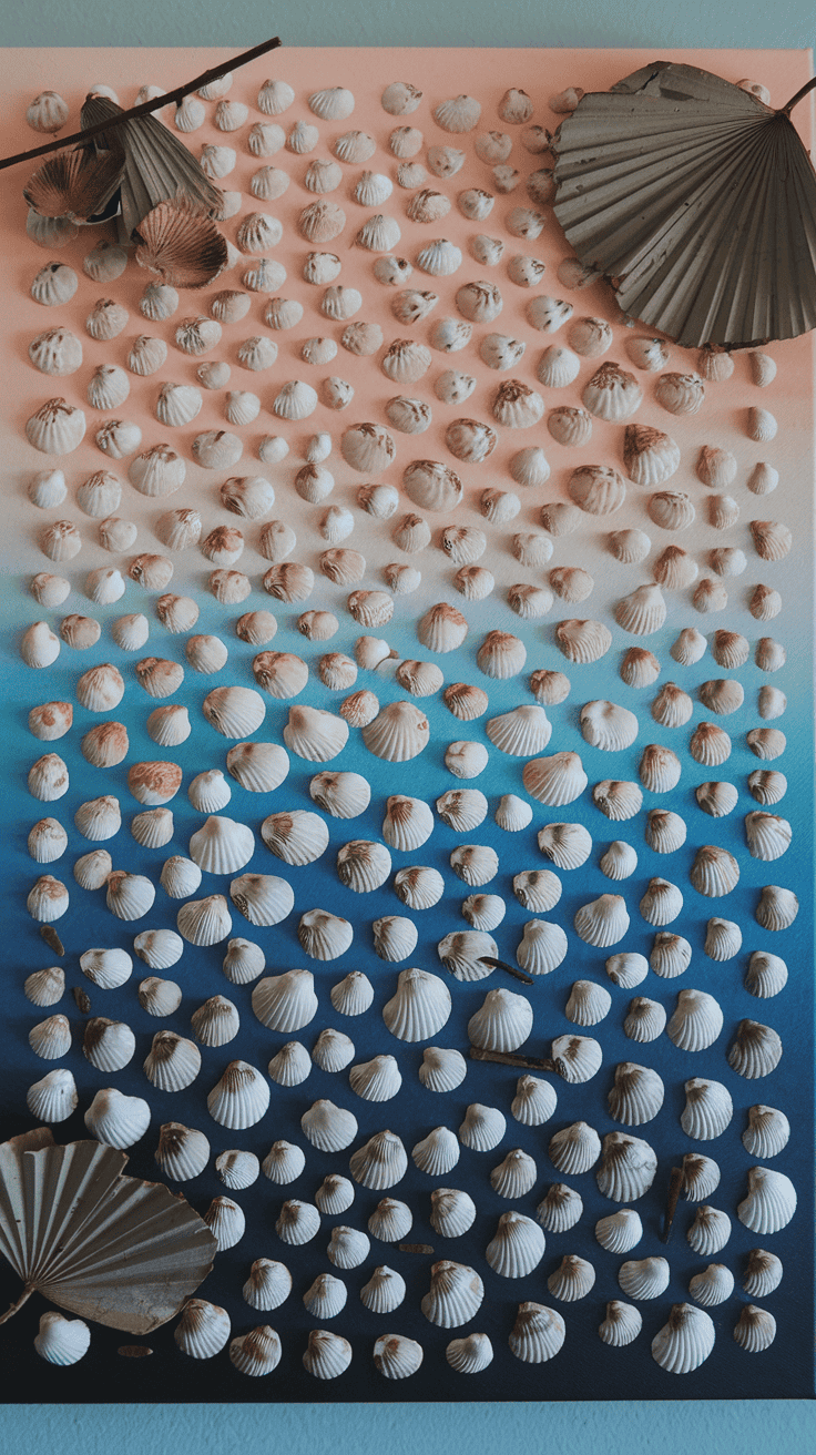 A decorative display of numerous small white seashells arranged on a canvas with a gradient background transitioning from light pink at the top to blue at the bottom, accented by several dried fan-shaped leaves placed at the corners and edges.
