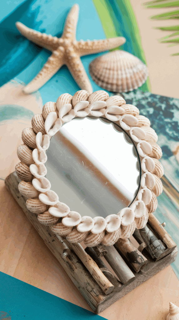 A decorative round mirror with a frame made of small seashells, placed on a wooden stand, with a starfish, a seashell, and a colorful background suggesting a beach theme.
