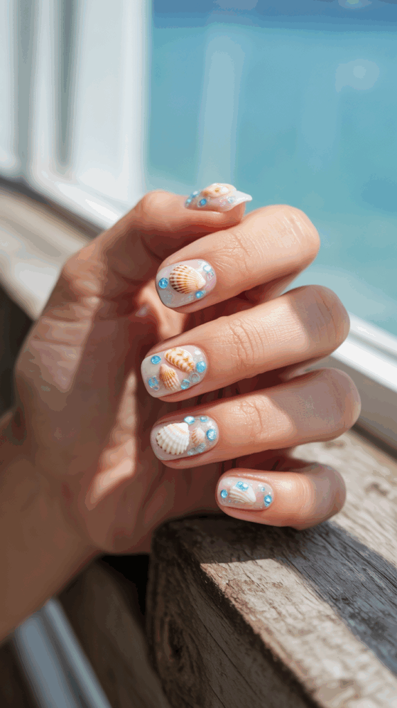 A hand with nails decorated in a beach-themed design featuring small seashells and blue gems, set against a backdrop of a window with a view of the ocean.