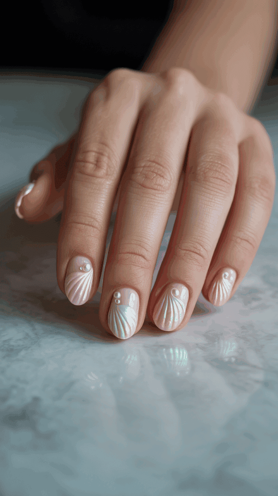 A close-up of a hand with neatly manicured nails featuring a seashell design in pastel colors and small pearl embellishments.