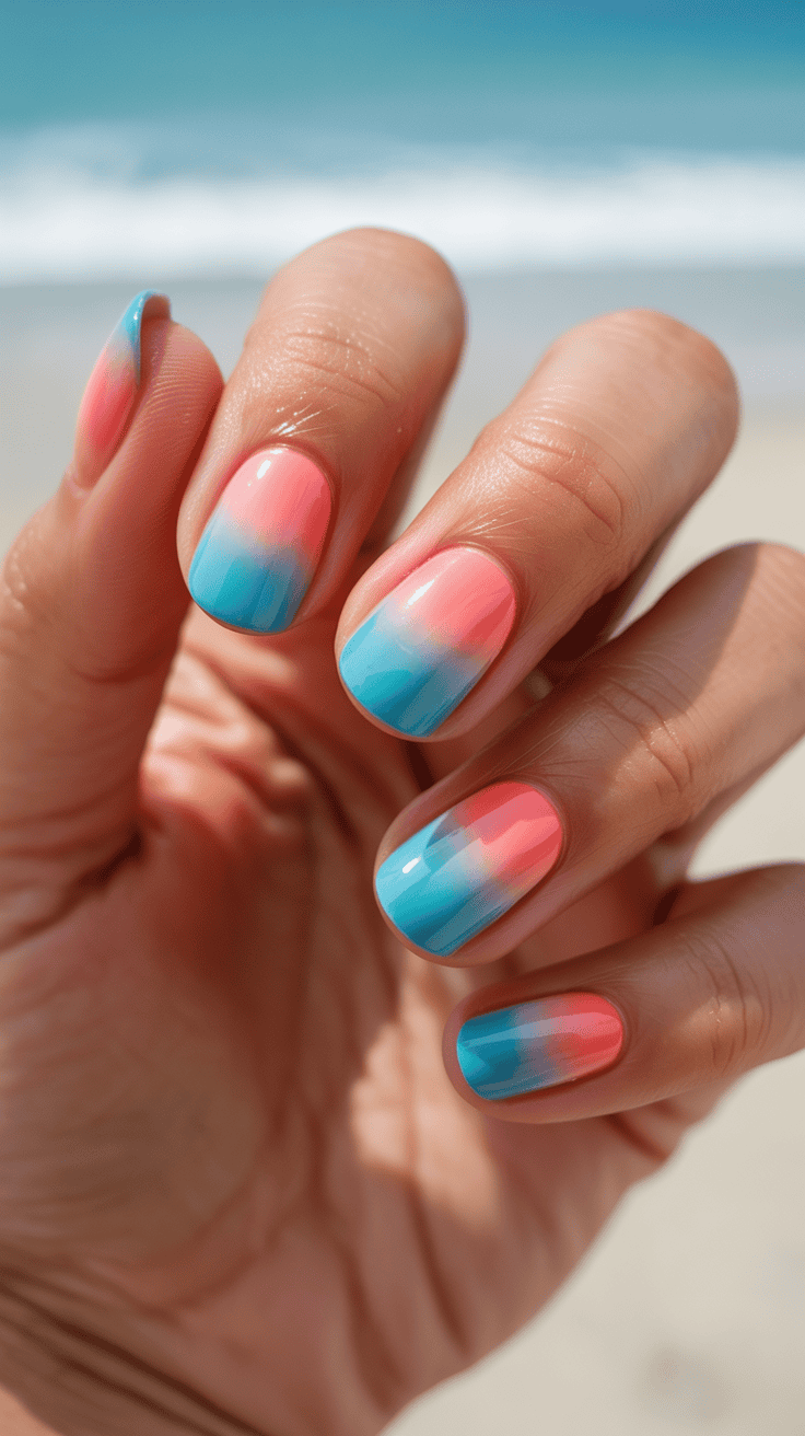 Close-up of a hand with nails painted in a gradient design of pink and blue, set against a blurred beach background.