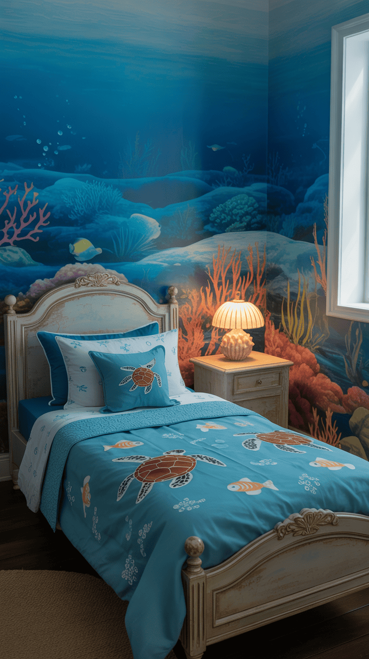 A child's bedroom with an ocean-themed decor, featuring a bed with sea turtle-printed bedding, an underwater mural on the wall displaying coral and fish, and a shell-shaped lamp on a bedside table.