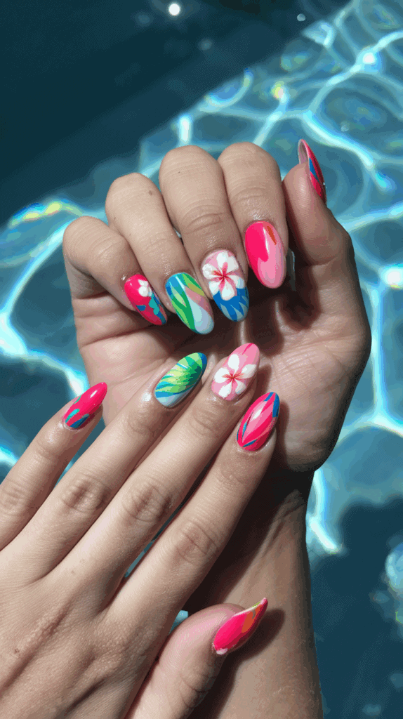 A pair of hands displaying brightly colored nail art featuring floral and geometric designs in shades of pink, blue, green, and white, with a pool surface reflecting light in the background.