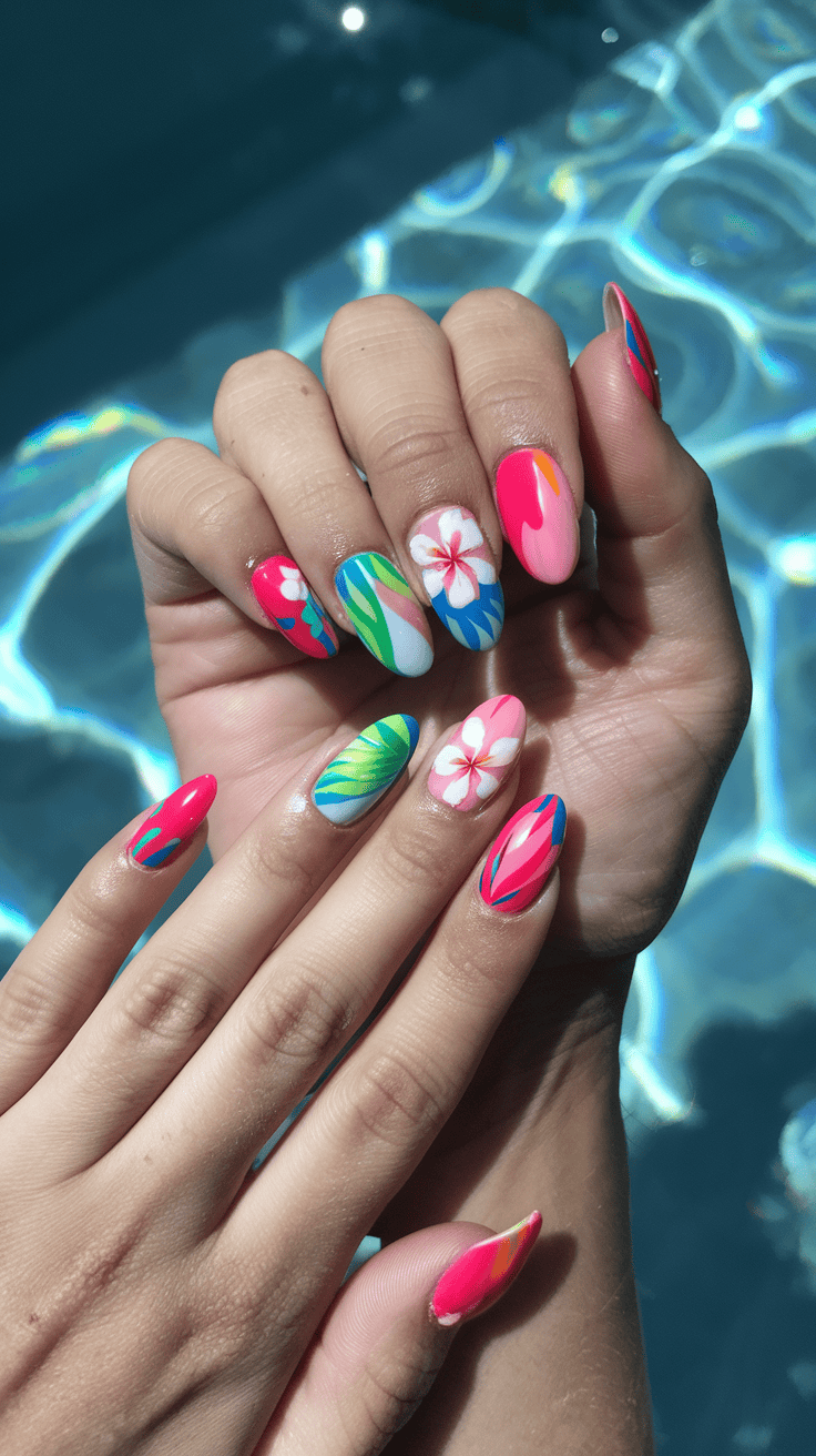 A pair of hands displaying brightly colored nail art featuring floral and geometric designs in shades of pink, blue, green, and white, with a pool surface reflecting light in the background.