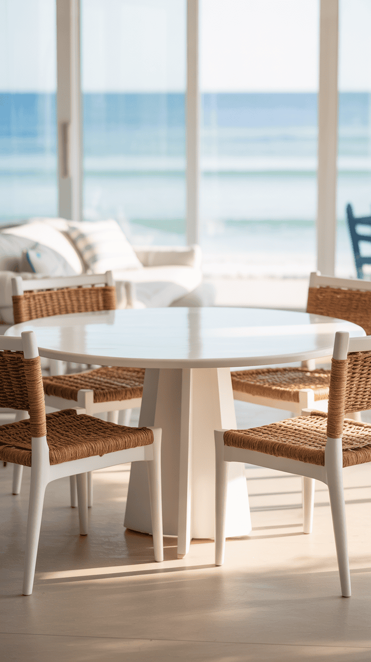 A modern dining area with a white round table surrounded by wicker chairs with white legs. The setting overlooks a scenic beach view through large glass windows.