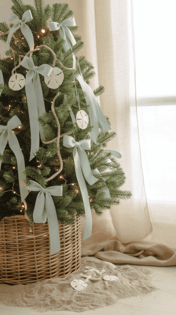 A Christmas tree adorned with light blue bows and sand dollar ornaments, placed in a wicker basket and surrounded by sand on the floor.