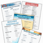 A collage of five different packing lists, including Disney Cruise, Cruise Packing, Beach Bag Essentials, Beach Vacation, and Beach Trip Packing List for 4 Days, each detailing items for travel preparation like clothing, essentials, and sun protection.