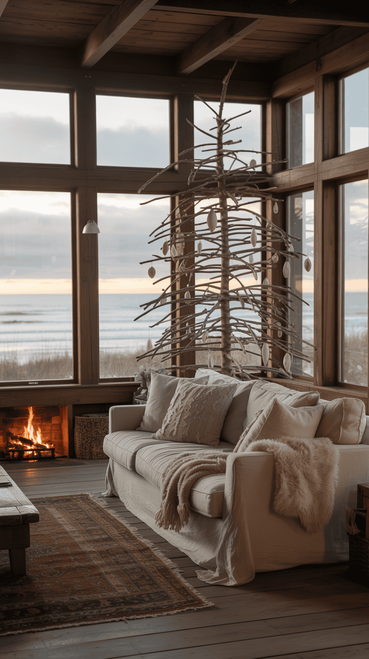 A cozy living room with a large window view of the beach, featuring a beige couch with pillows and a blanket, a wooden coffee table, and a fireplace. A minimalistic driftwood Christmas tree is decorated with simple ornaments, and the room has a warm, inviting atmosphere with soft lighting from the setting sun.
