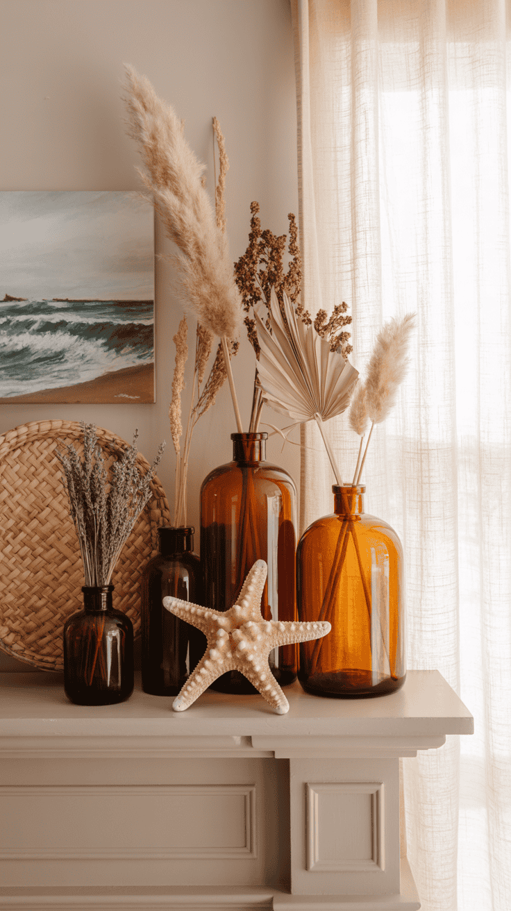 A decorative arrangement featuring large amber glass vases with dried pampas grass and other botanical elements next to a seashell starfish and a woven basket on a mantel, with a light curtain and a coastal painting in the background.