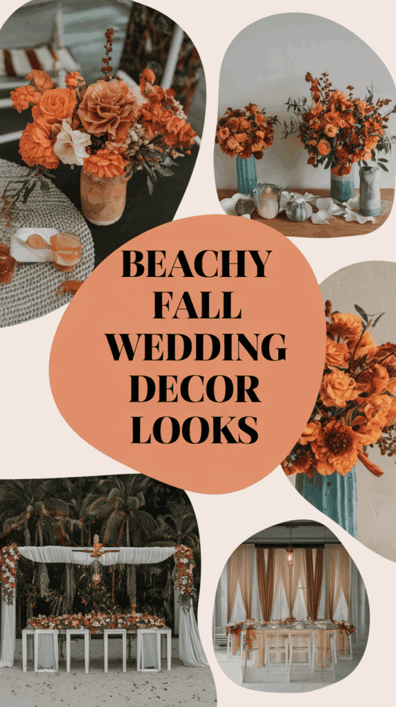 Collage featuring beachy fall wedding decor with orange and teal floral arrangements, a beachside altar adorned with white drapes and flowers, and a dining area with soft curtains and festive table settings.