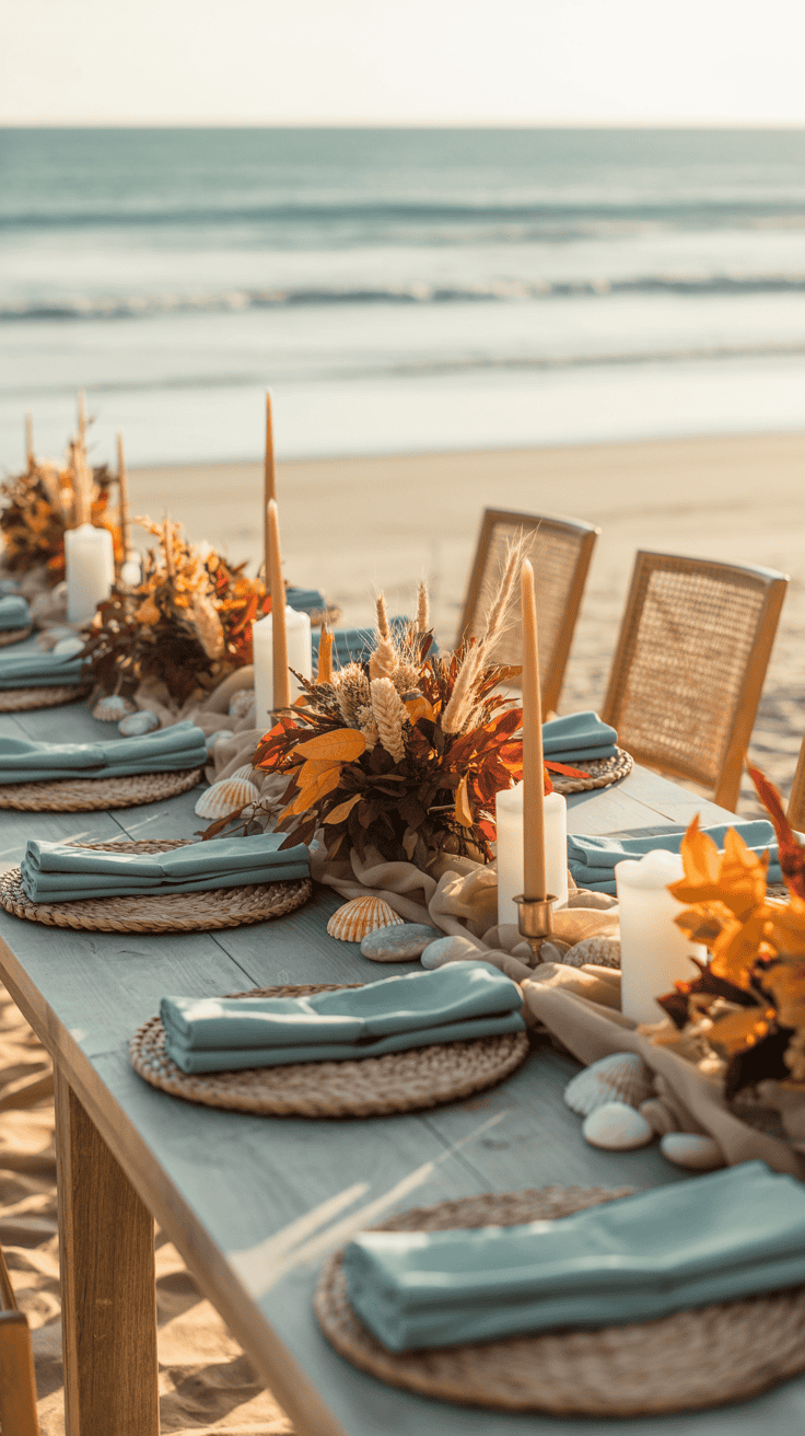 A wooden beachside table set for a meal, featuring woven placemats, light blue napkins, autumn-themed floral centerpieces, and tall candles, with the ocean in the background.