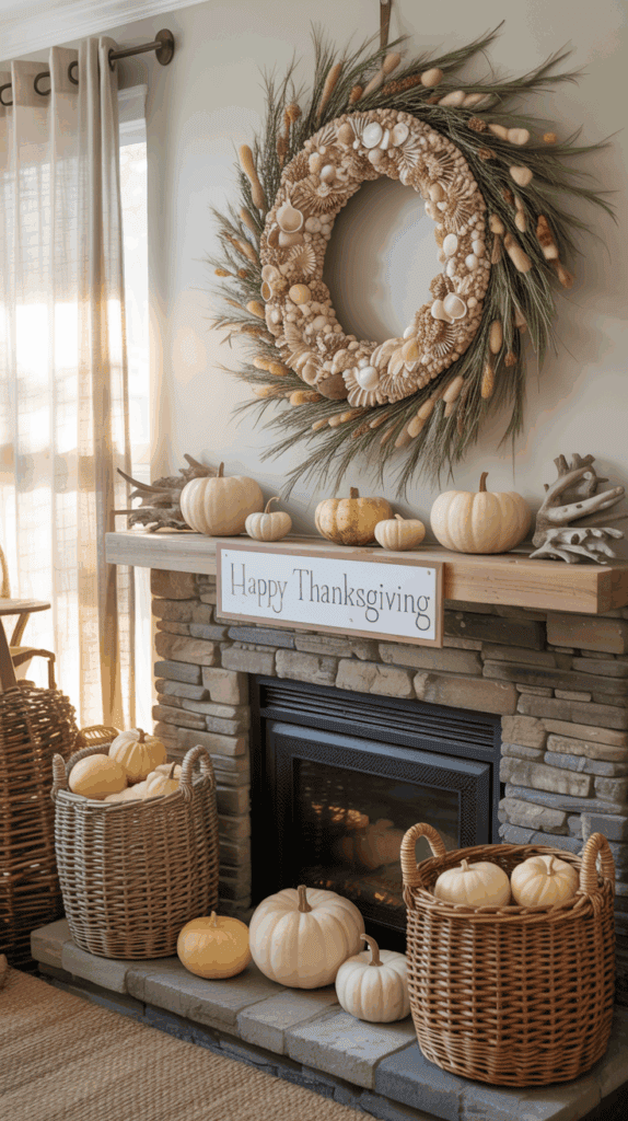A cozy fireplace mantel decorated for Thanksgiving with white and pale orange pumpkins, a "Happy Thanksgiving" sign, and a large wreath made of natural elements like pinecones and dried grasses. Baskets filled with white pumpkins are placed on the hearth.