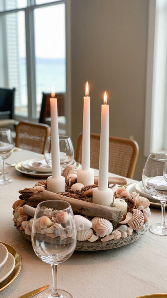 A beach-themed table centerpiece featuring three white candles surrounded by seashells and driftwood, placed on a dining table with elegantly set glassware and plates.