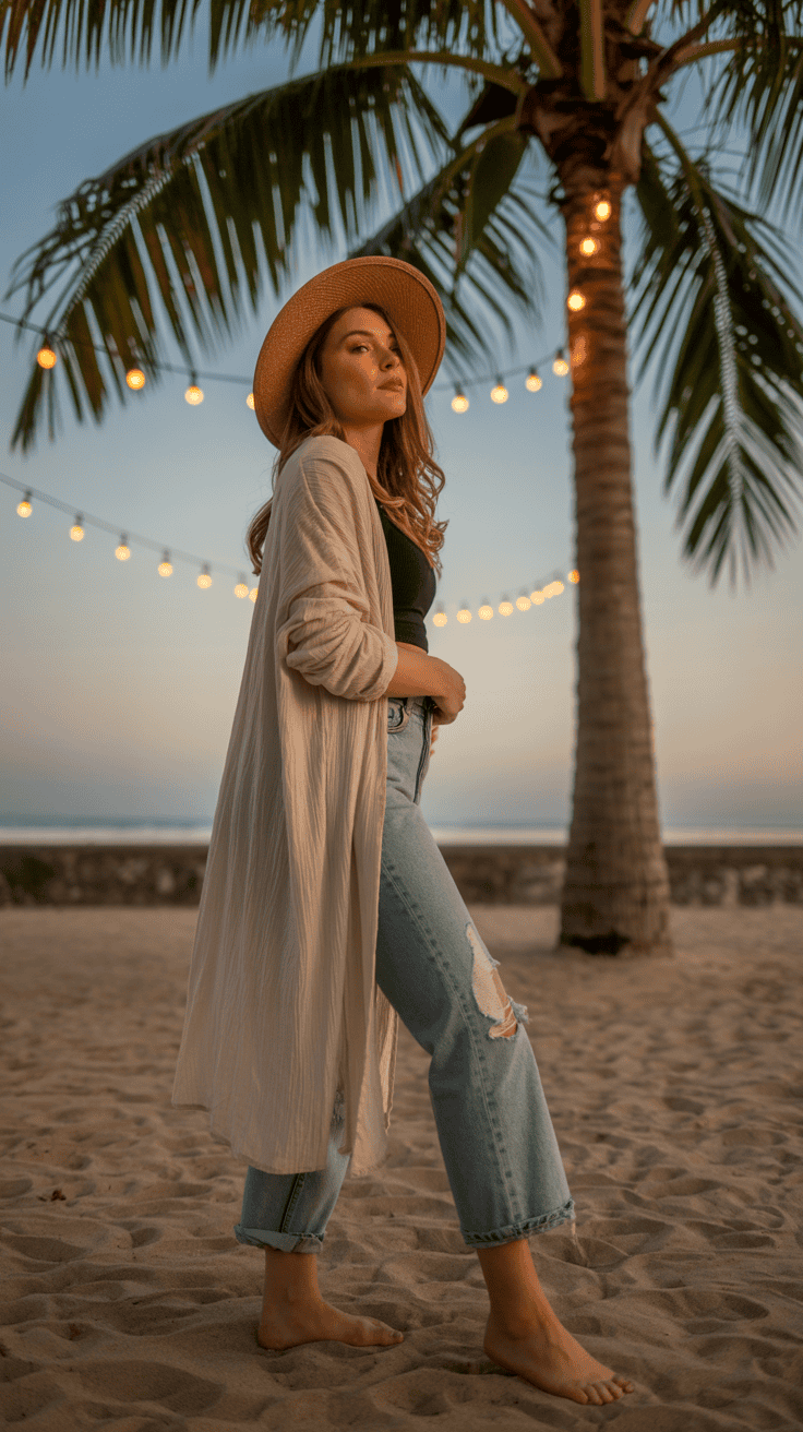 A woman in a straw hat and light cardigan stands barefoot on a sandy beach at sunset, with a palm tree and string lights in the background.