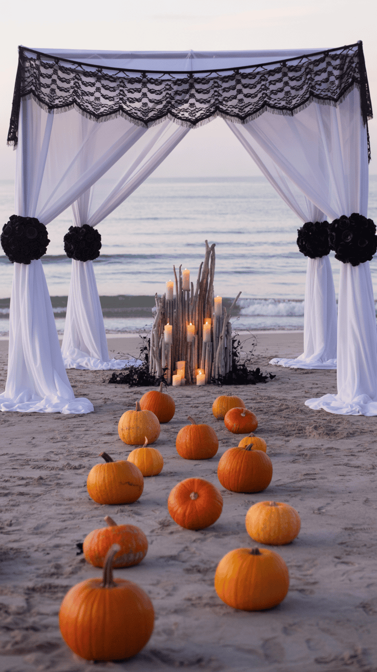 Beach wedding arch draped with white and black lace fabric, adorned with black floral decorations, situated in front of the ocean; pumpkins line the sandy aisle, leading to a wooden structure with lit candles in the center.