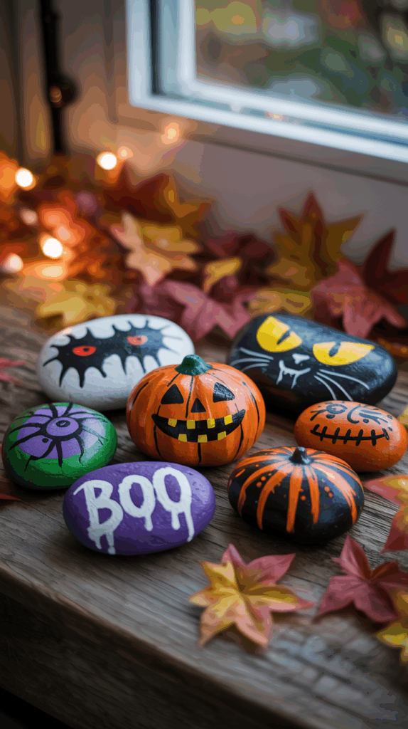 A variety of Halloween-themed painted rocks and a small pumpkin are displayed on a wooden surface, surrounded by autumn leaves and soft lights. The rocks feature designs including a jack-o'-lantern face, a black cat, a spooky eye, and the word 'BOO' in white letters on a purple background.