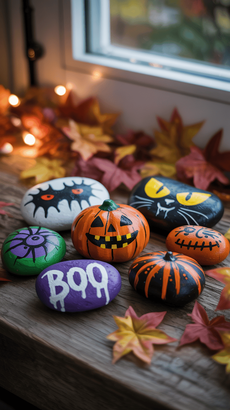A variety of Halloween-themed painted rocks and a small pumpkin are displayed on a wooden surface, surrounded by autumn leaves and soft lights. The rocks feature designs including a jack-o'-lantern face, a black cat, a spooky eye, and the word 'BOO' in white letters on a purple background.