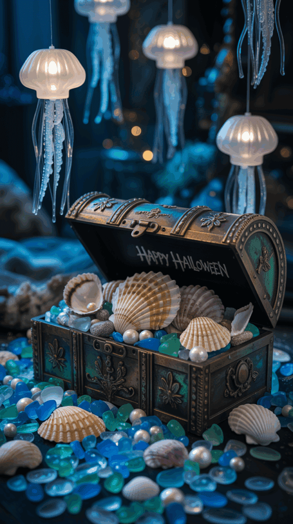 An ornate treasure chest filled with seashells, pearls, and sea glass, labeled "Happy Halloween," surrounded by glowing jellyfish decorations in a dimly lit, aquatic-themed setting.