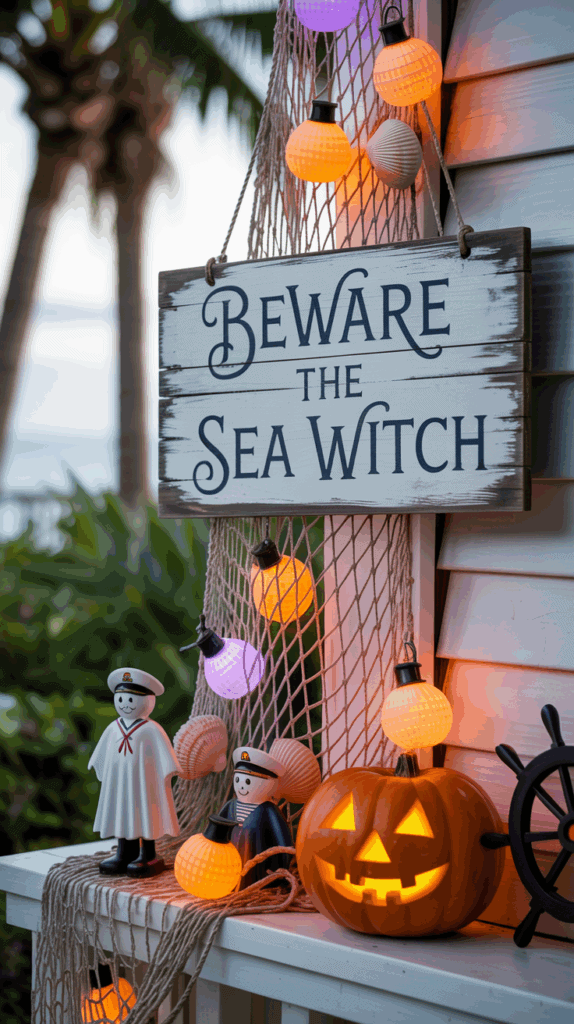 A Halloween-themed decoration with a sign reading 'Beware the Sea Witch' surrounded by glowing pumpkins, nautical-themed figurines, and orange and purple lights, set against a backdrop of palm trees and ocean scenery.