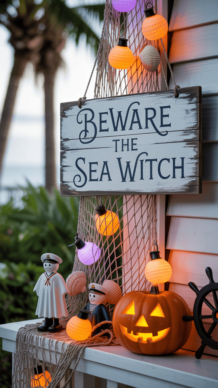 A Halloween-themed decoration with a sign reading 'Beware the Sea Witch' surrounded by glowing pumpkins, nautical-themed figurines, and orange and purple lights, set against a backdrop of palm trees and ocean scenery.