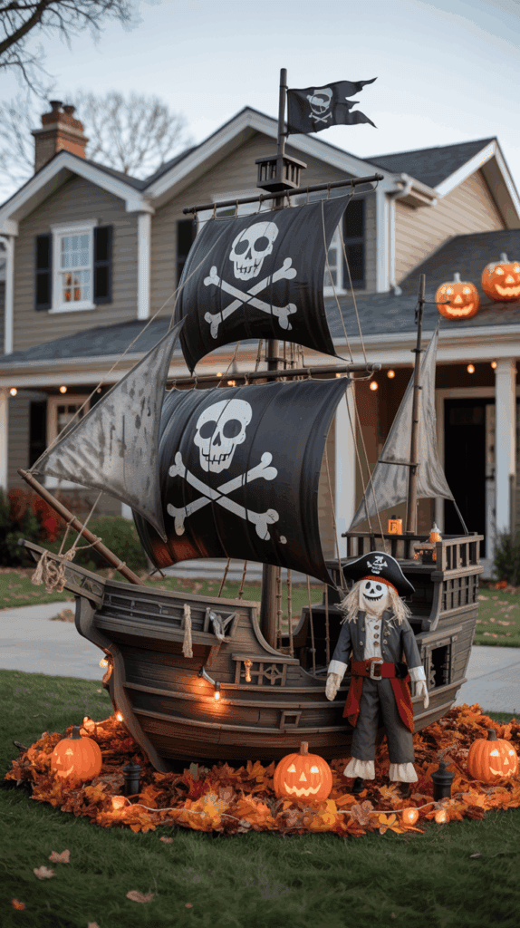 A Halloween decoration featuring a pirate ship with black sails adorned with skull and crossbones, surrounded by carved pumpkins and autumn leaves in front of a house with festive lights.