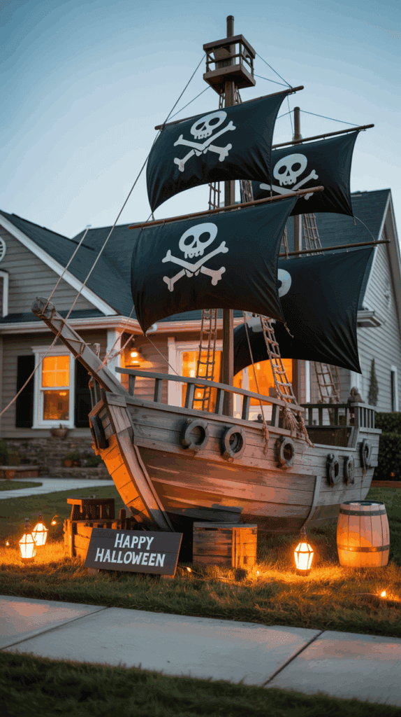 A Halloween decoration featuring a pirate ship with black sails displaying white skull and crossbones, set up in front of a house with glowing lights. A "Happy Halloween" sign is placed on the grass, surrounded by decorative barrels and lanterns.