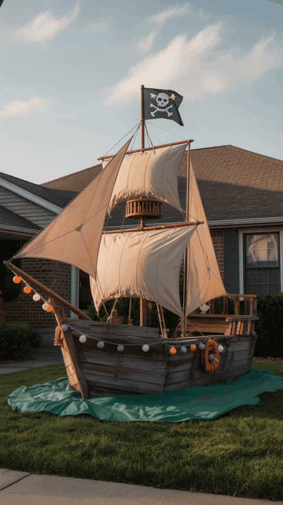 A wooden pirate ship decoration set up on a front lawn, featuring large white sails, a crow's nest, and a black flag with a skull and crossbones. The ship is adorned with colorful string lights and a lifebuoy, suggesting a playful pirate-themed decoration.