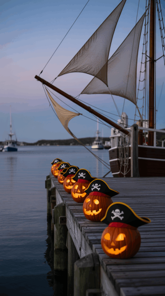 A row of lit jack-o'-lanterns wearing pirate hats line a wooden dock at twilight, with a sailboat moored nearby and a calm body of water in the background.