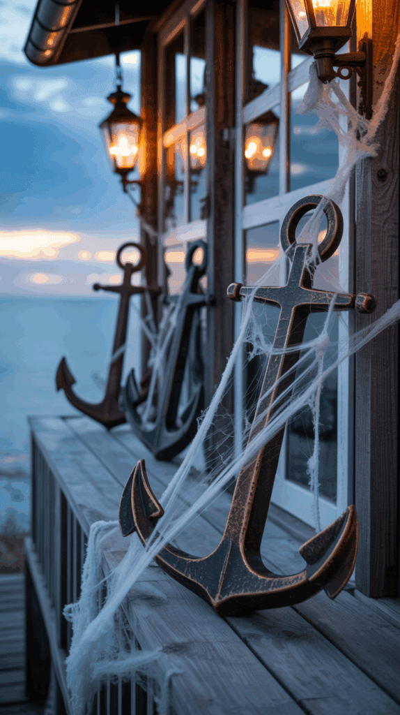 Large decorative anchors covered in cobwebs sit on a wooden deck near a building with warm lantern lights, overlooking the ocean at sunset.