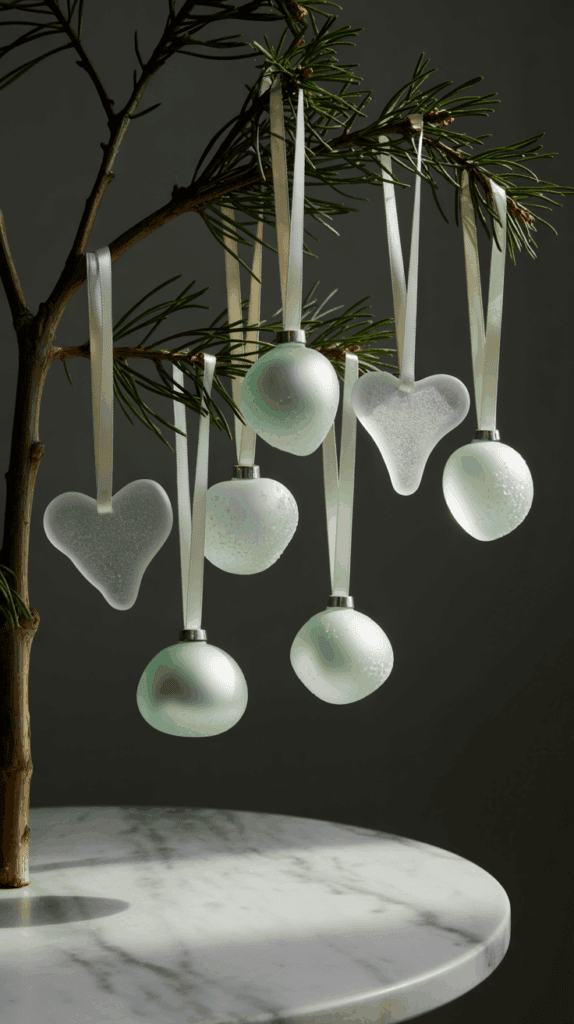 A small pine branch adorned with frosted glass heart and round ornaments, hanging from white ribbons, displayed on a marble surface.