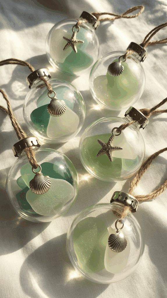 Five glass ornaments filled with green and white sea glass, each adorned with a small metal seashell or starfish charm, placed on a white fabric surface.
