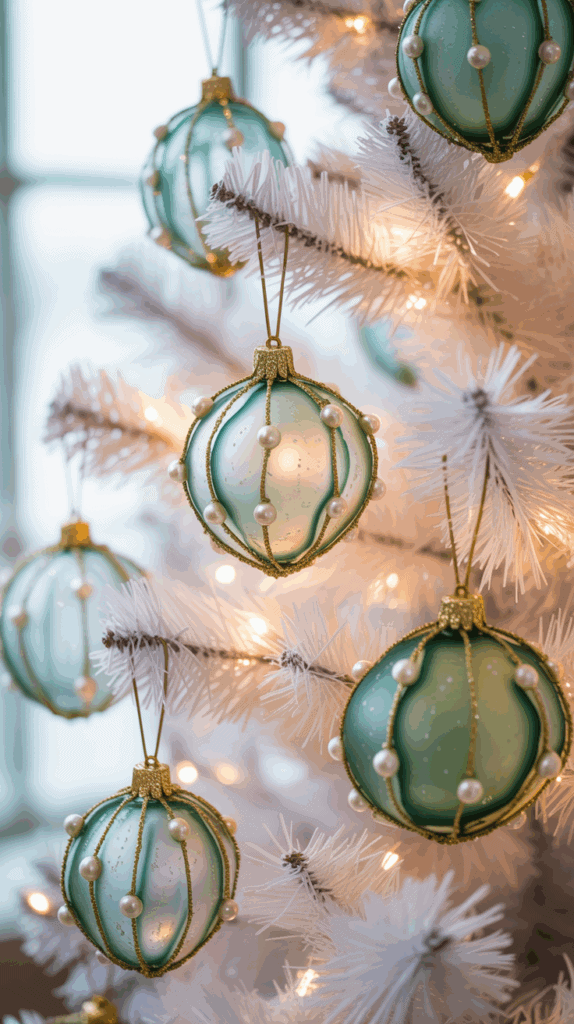 Close-up of a white artificial Christmas tree decorated with light blue ornaments adorned with gold accents and small pearls, illuminated by small string lights.