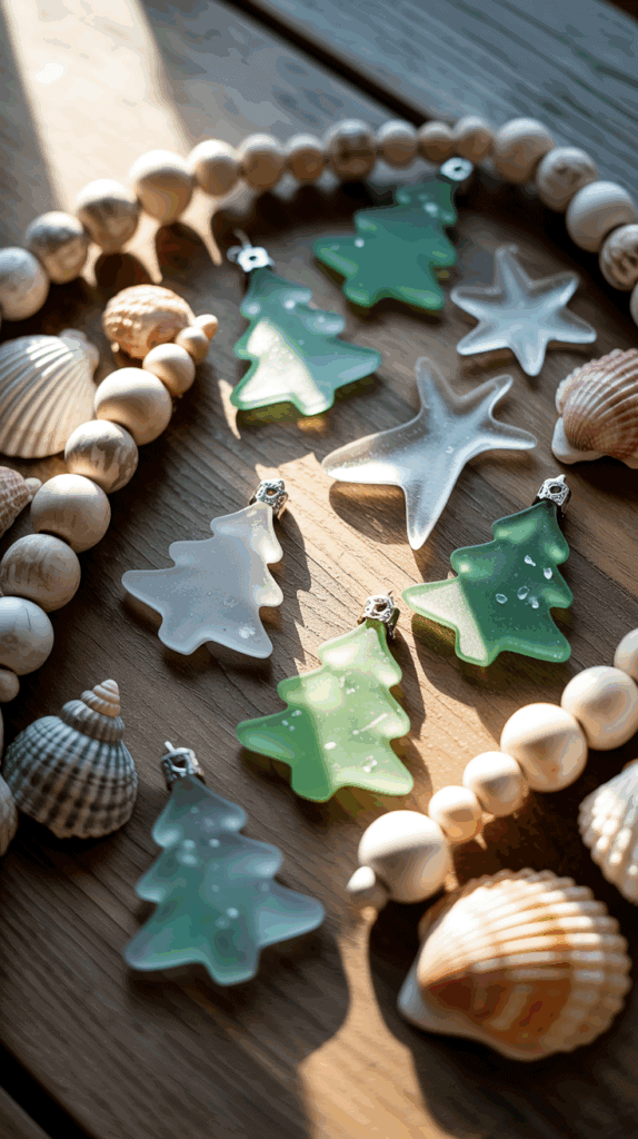Green and white frosted glass Christmas tree and starfish ornaments surrounded by wooden beads and seashells on a wooden surface.