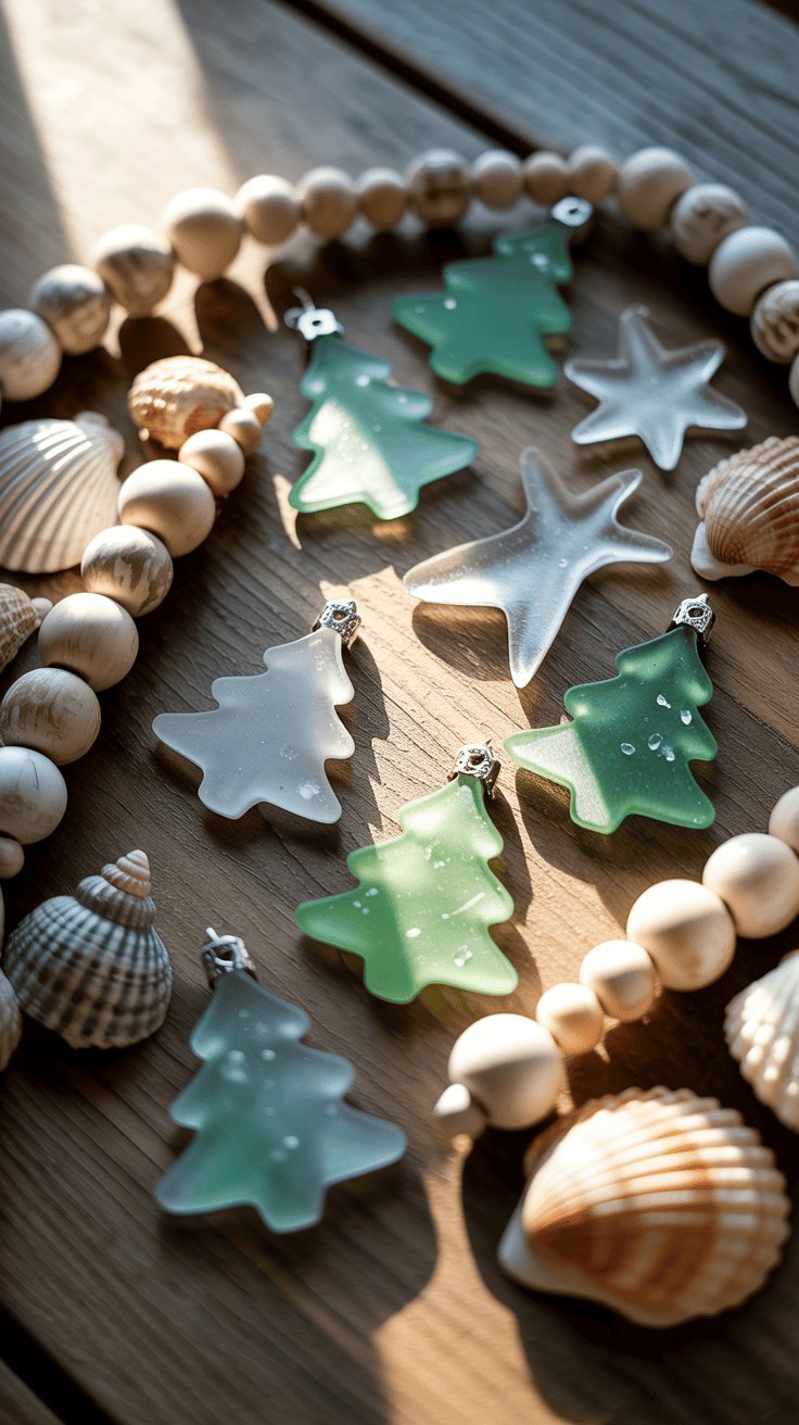 Green and white frosted glass Christmas tree and starfish ornaments surrounded by wooden beads and seashells on a wooden surface.