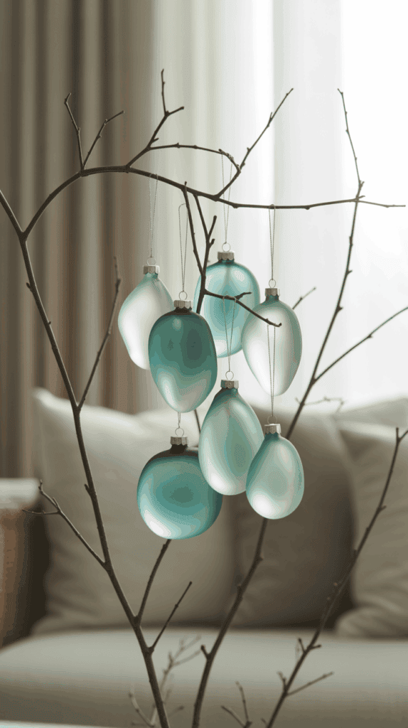 A minimalistic decoration featuring several frosted teal glass ornaments hanging from bare branches, set against a blurred, neutral-toned background in an indoor setting.