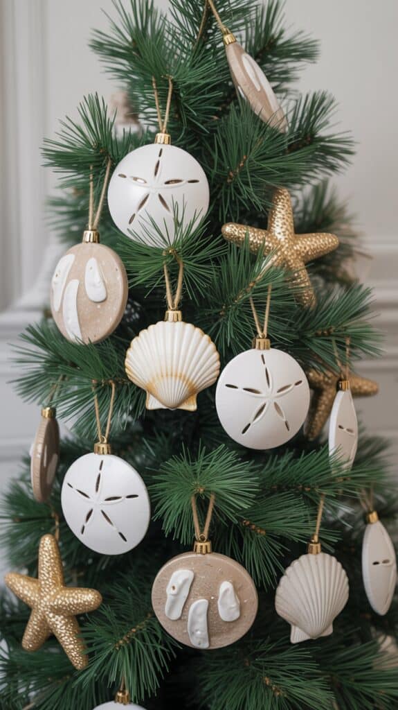A Christmas tree decorated with beach-themed ornaments, including gold starfish, white sand dollars, seashells, and ornaments with raised flip-flop designs.