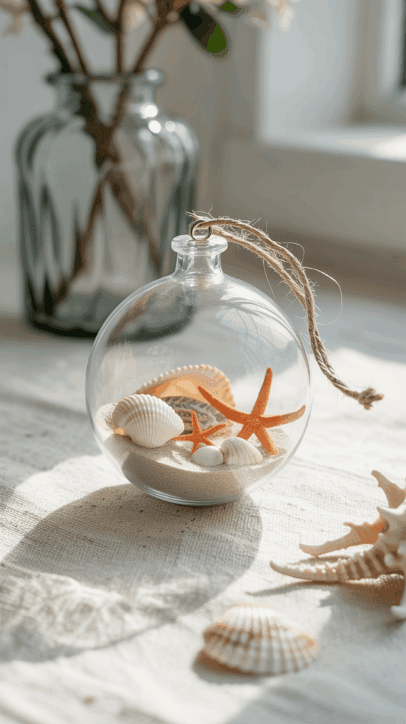 A glass ornament filled with small seashells and starfish sits on a textured surface, casting a soft shadow. A twine string is attached to the ornament's top, while additional seashells and a blurred vase are visible in the background.