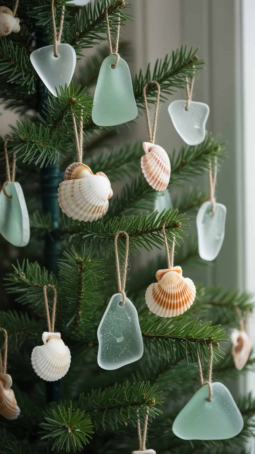 A Christmas tree decorated with seashells and pieces of sea glass hung by twine, giving a coastal theme.