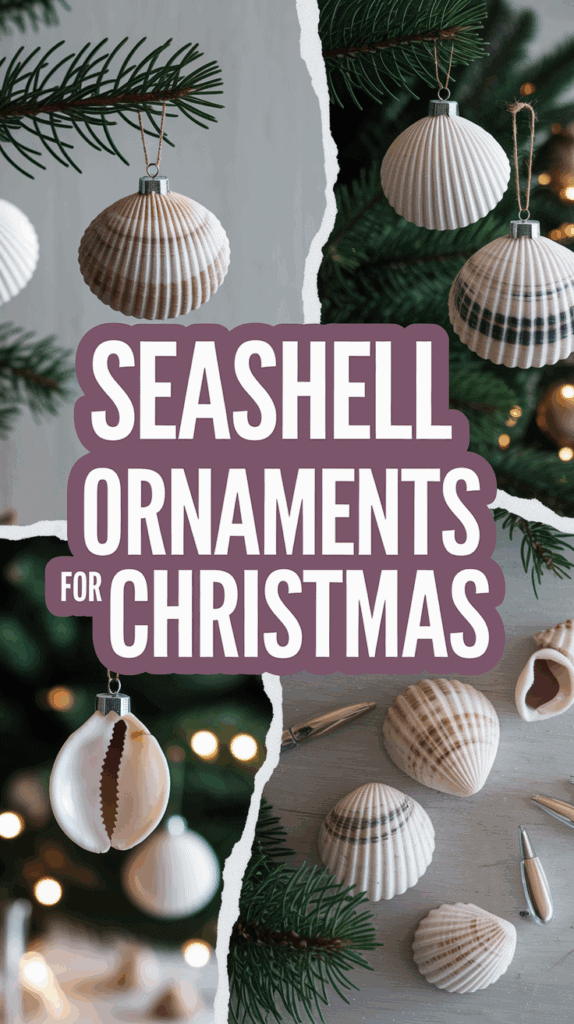 Assorted seashell ornaments hanging on a Christmas tree with green fir branches behind, and a close-up of shells and ornaments on a wooden surface with a text overlay reading "Seashell Ornaments for Christmas."