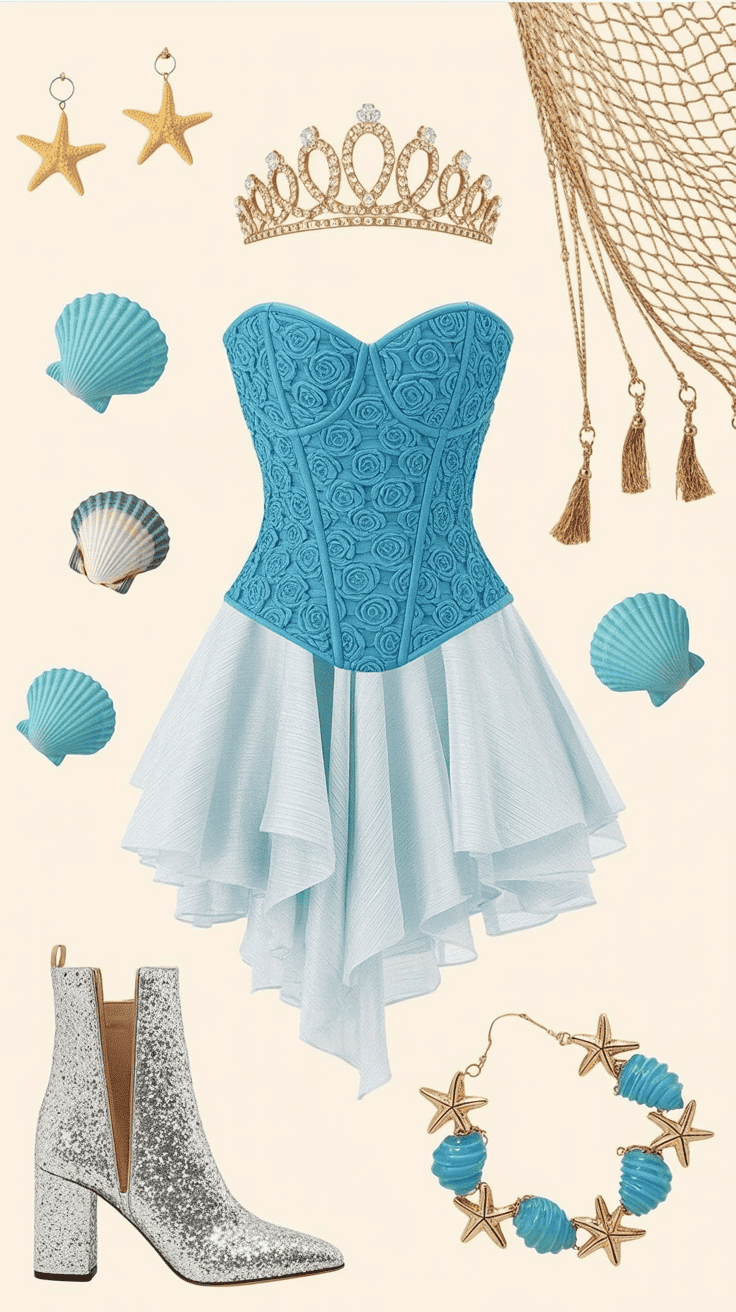 A fashion collage featuring a blue corset dress with rose patterns, a gold tiara, silver glitter ankle boots, shell and starfish earrings, and a matching starfish and blue bead bracelet.
