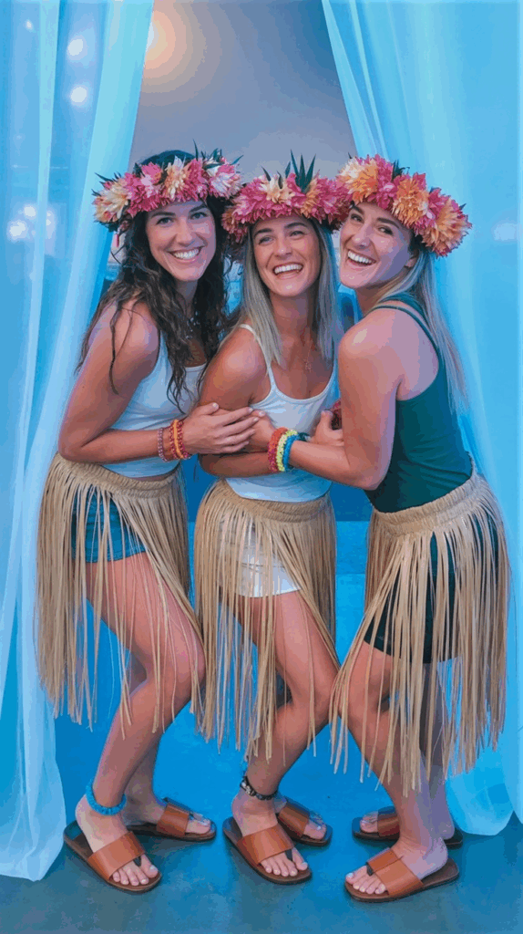 Three women smiling and embracing, wearing grass skirts, colorful flower crowns, and bracelets, standing in front of a soft blue background.