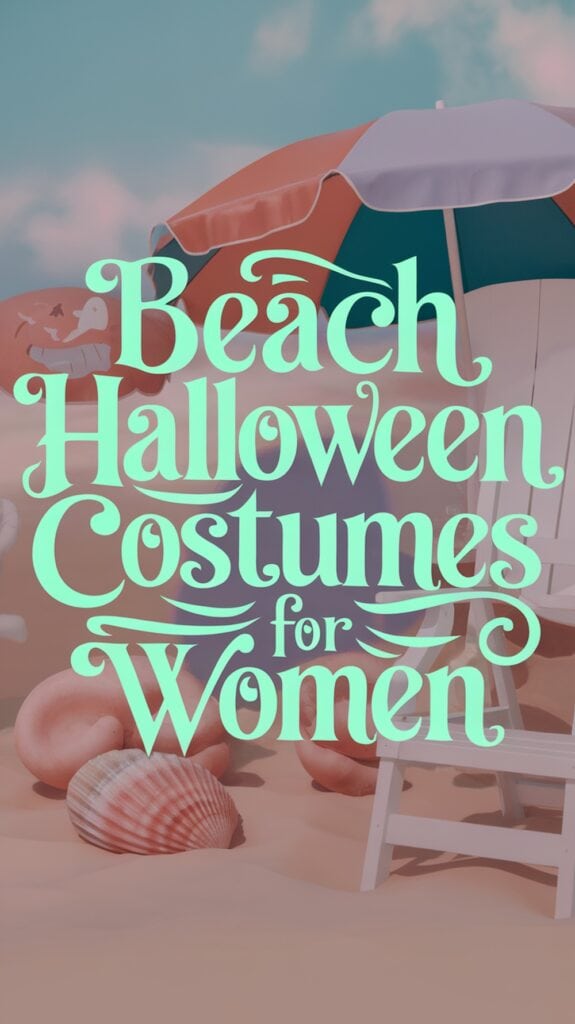Text "Beach Halloween Costumes for Women" overlaid on an image of a sandy beach with a colorful umbrella, seashells, and a pumpkin in the background.