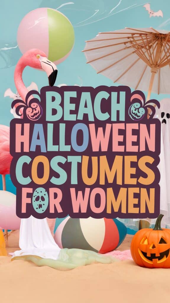 A festive image featuring a beach scene with Halloween elements, including a flamingo, beach ball, umbrella, and a jack-o'-lantern, with text that reads 'Beach Halloween Costumes for Women.'