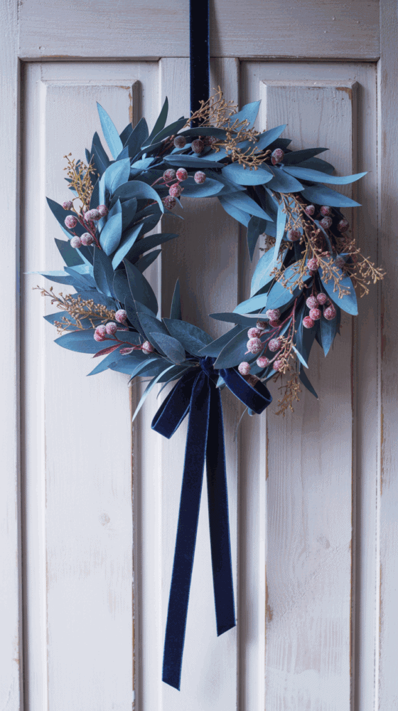 A decorative wreath made of green leaves, red berries, and dried twigs, adorned with a dark blue velvet ribbon, hanging against a wooden door backdrop.