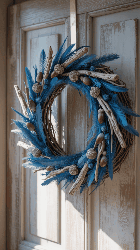 A decorative wreath featuring blue feathers, wooden twigs, and acorn accents hangs on a rustic wooden door.