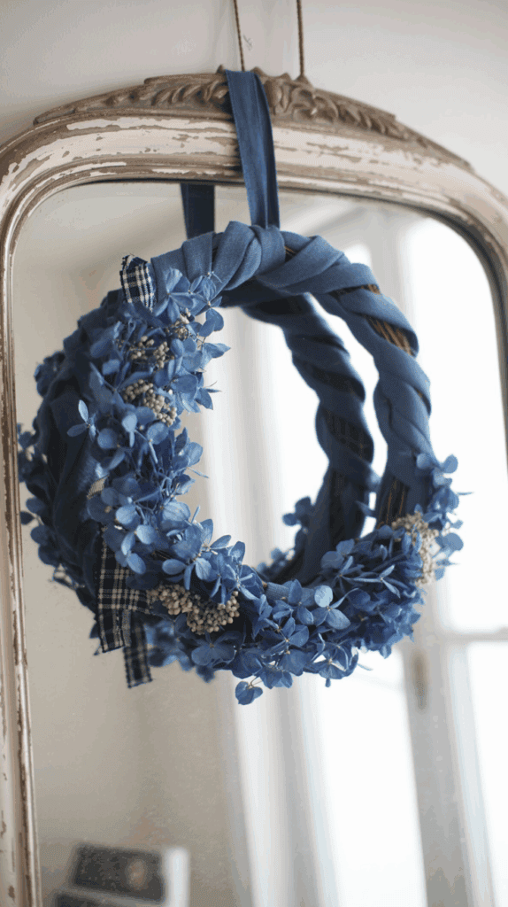 A decorative wreath made of braided blue fabric and adorned with blue flowers and a checked ribbon bow, hanging on an antique mirror with a worn frame.
