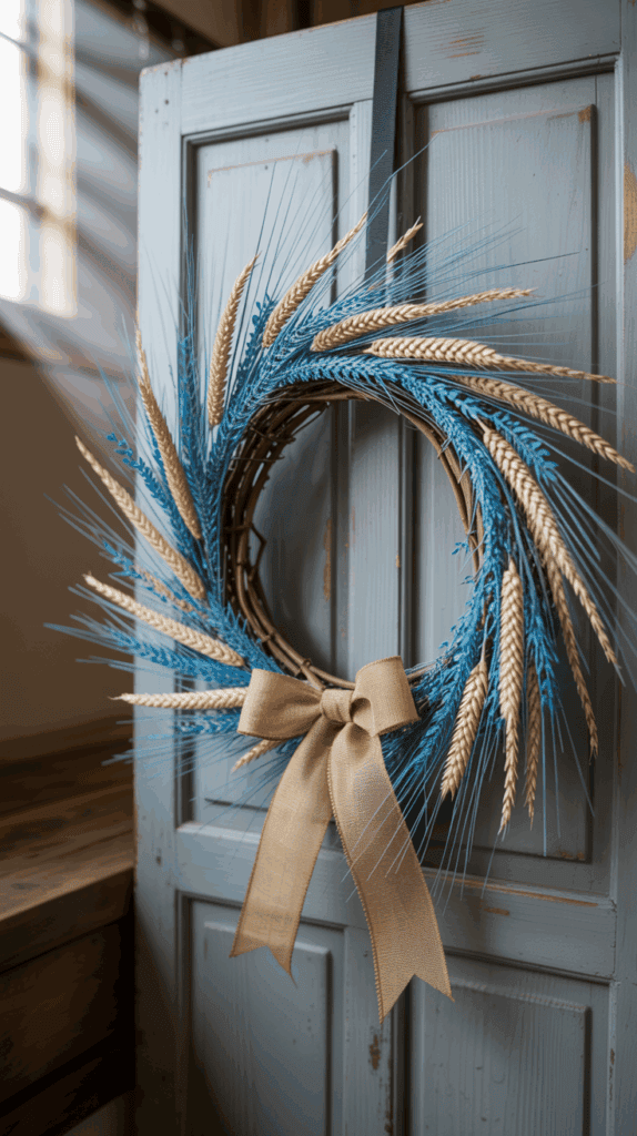 A decorative wreath made of brown vines and blue wheat stalks, accented with natural beige wheat and adorned with a beige bow, hangs on a distressed blue wooden door.