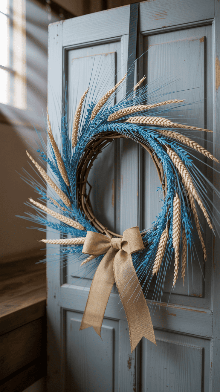 A decorative wreath made of brown vines and blue wheat stalks, accented with natural beige wheat and adorned with a beige bow, hangs on a distressed blue wooden door.