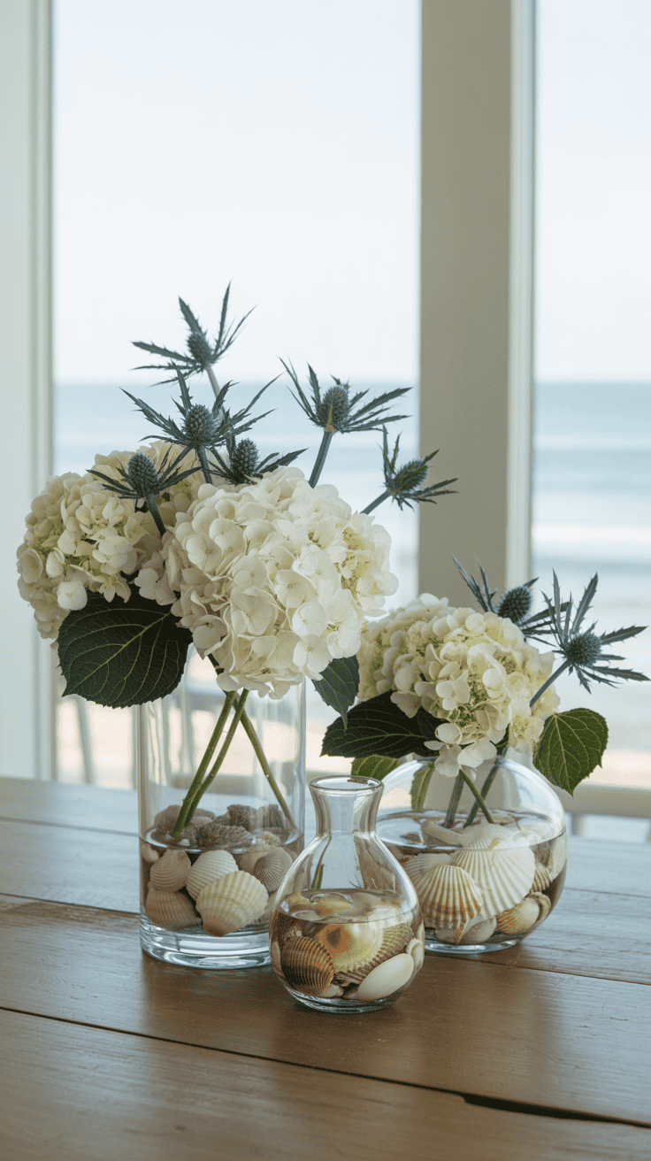 Glass vases filled with white hydrangeas and sea holly flowers, arranged with seashells at the bottom, set on a wooden table with a beach view in the background.