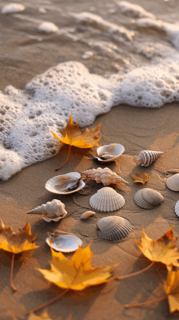 Several seashells and autumn leaves are scattered on a sandy beach, with ocean waves and foam in the background.